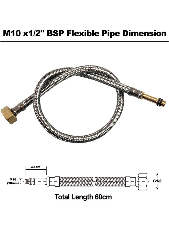 Pack of 2 Flexible Pipe Tap Connector Stainless Steel Braided Hose M10 (10mm) x 1/2" 60cm Long - Image 3